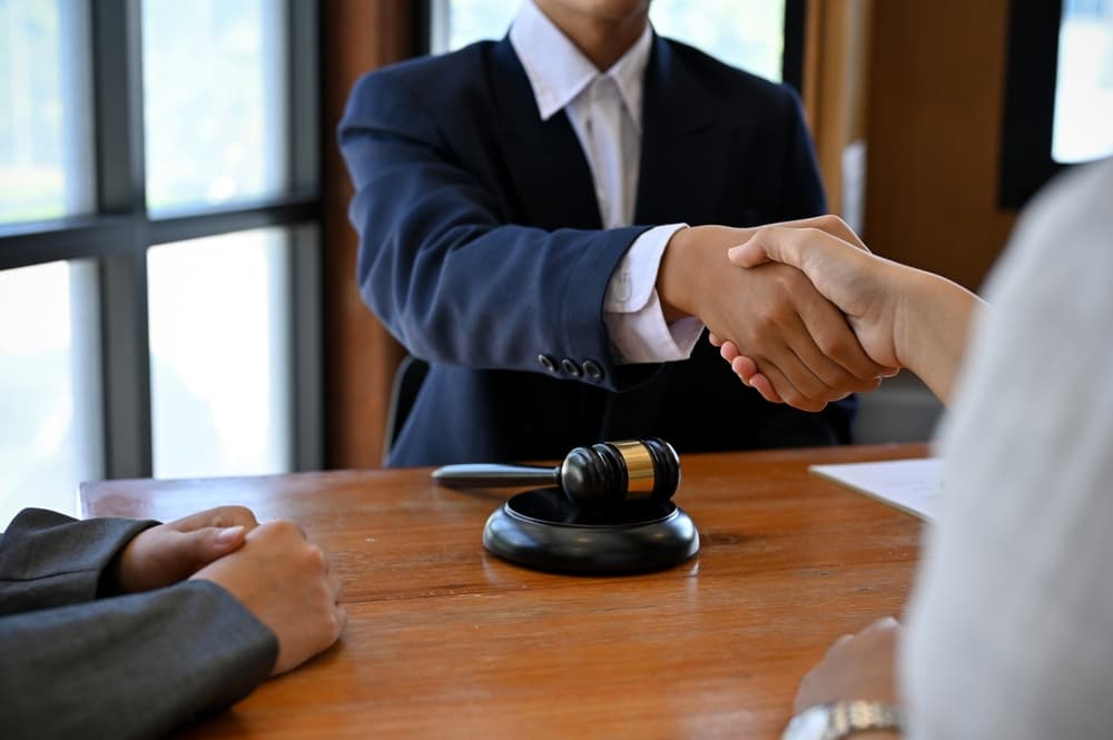 A lawyer in a formal suit shakes hands with his client, signifying agreement and representation in managing the lawsuit.
